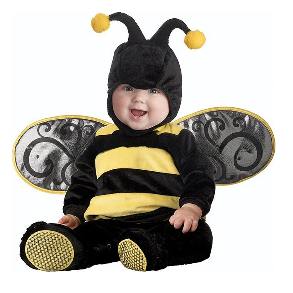 Baby in a bee costume with striped body and wings, a gallery image of a design not offered in the options