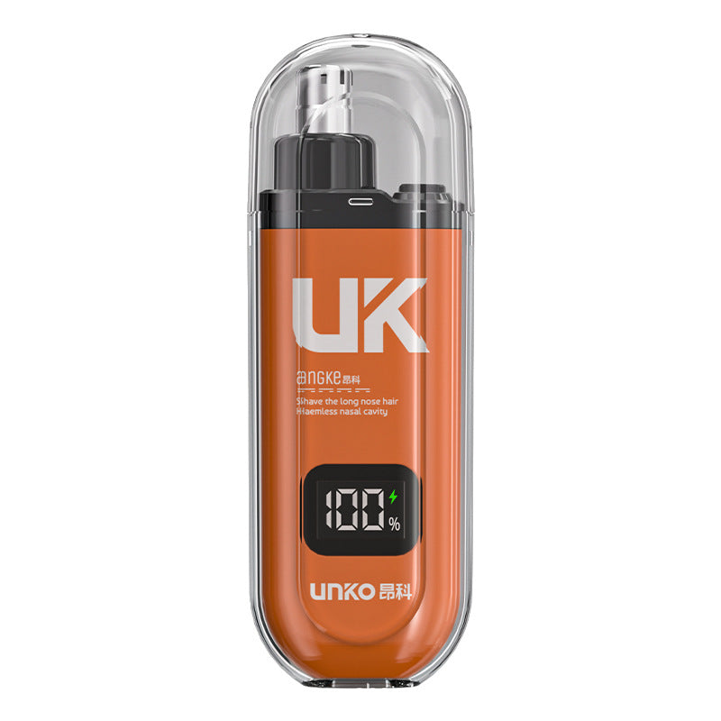 Orange nose hair trimmer shown upright with its clear cap and digital charge display
