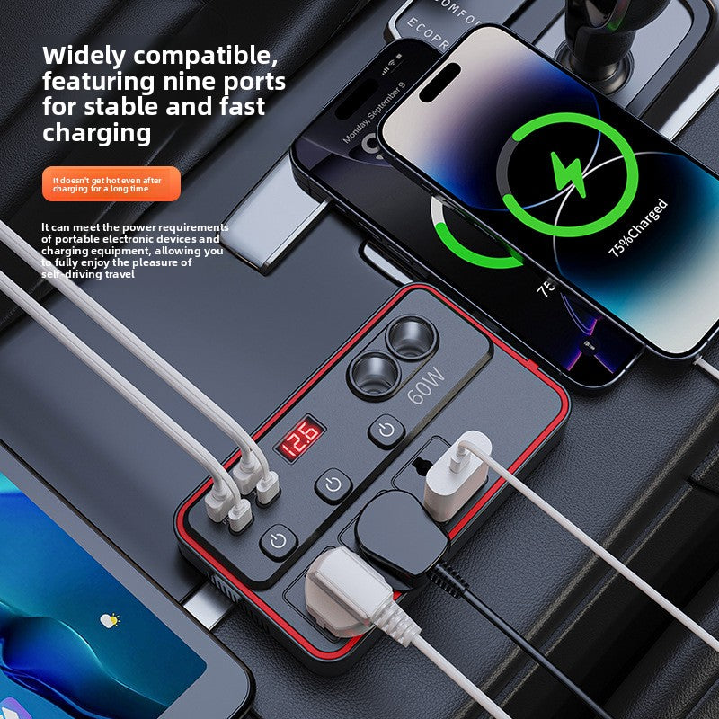 Car power inverter on a console with three plugs and USB cables connected beside a phone showing a charging icon