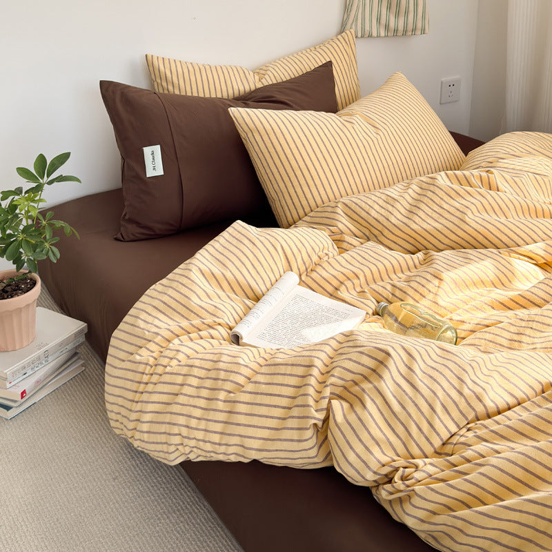 Yellow striped cotton quilt cover with brown pillowcase and brown sheet, 1.8 m fitted sheet set option