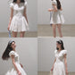 Front view of French style cotton dress with floral collar
