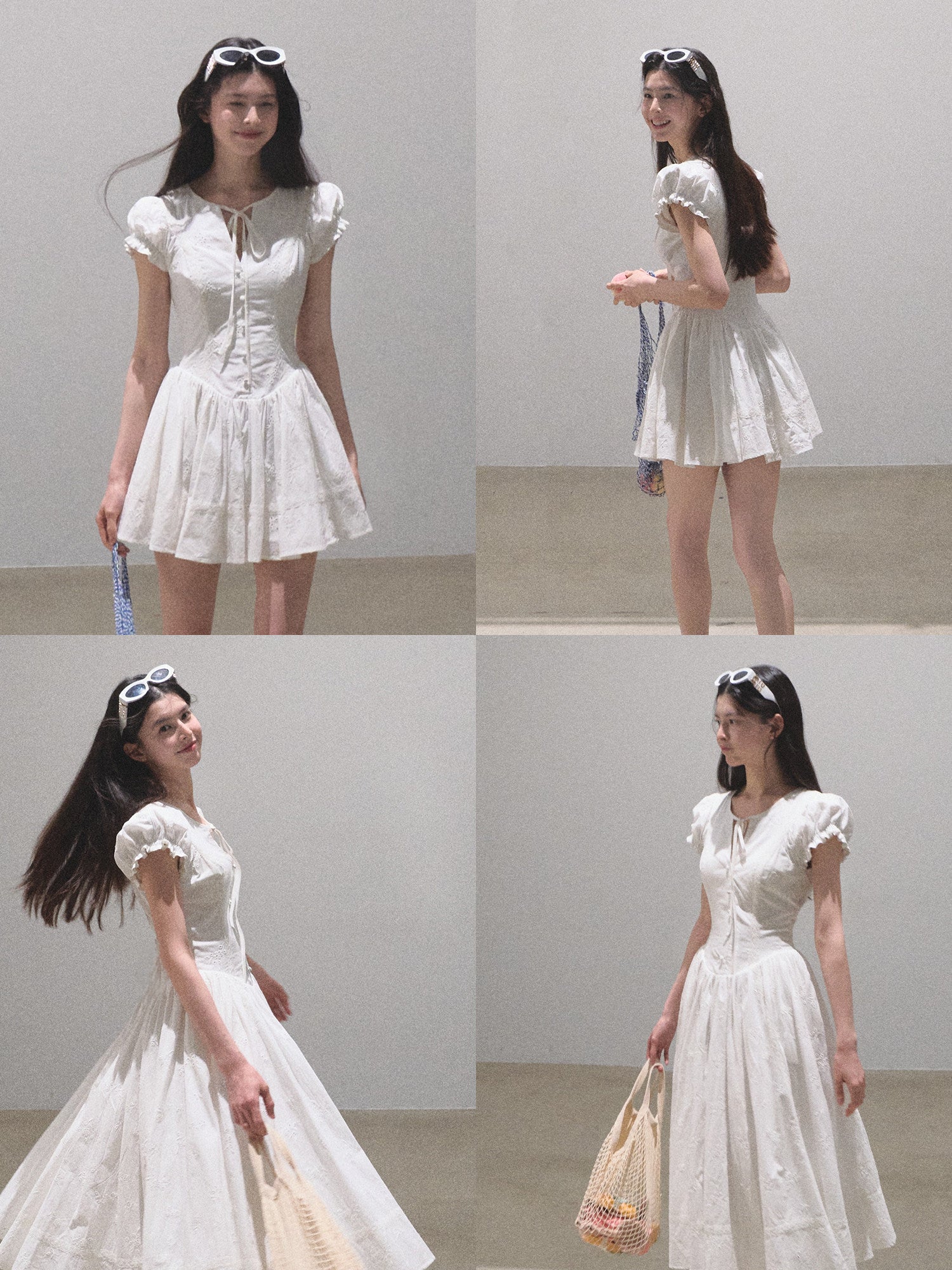 Front view of French style cotton dress with floral collar