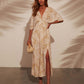 Full length tan and ivory palm leaf maxi dress, front view with a round straw bag, Camel variant