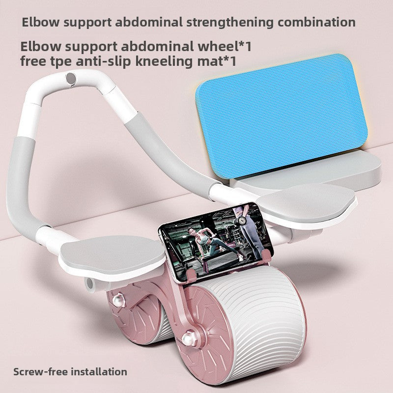 Pink and white ab roller with elbow pads, phone clip and the TPE kneeling mat