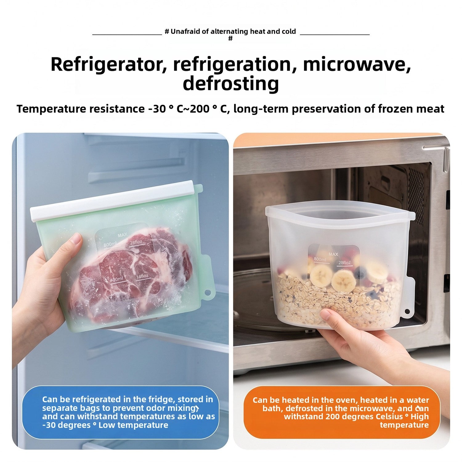 Reusable silicone food storage bags standing upright filled with prepped food