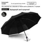 Black folding umbrella for sun and rain shown open from above