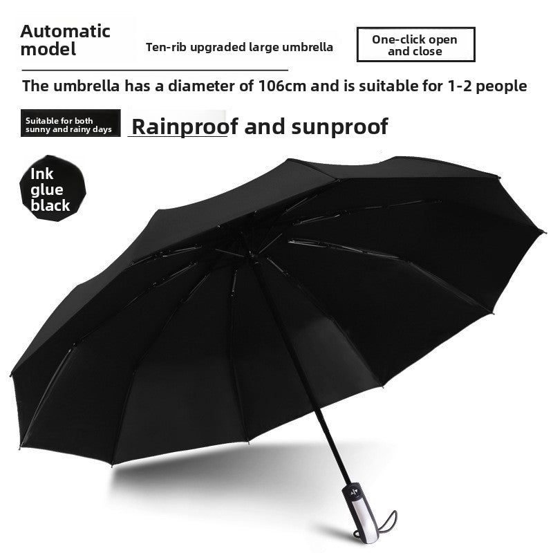 Black folding umbrella for sun and rain shown open from above