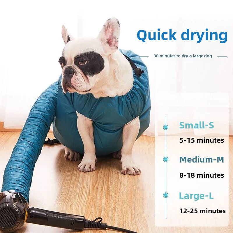 French bulldog in a blue pet drying bag with an air tube, size labels S, M and L listed on the image