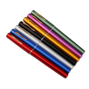 Seven pocket fishing rods in gold red blue silver black green and purple laid side by side