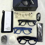 Smart camera glasses kit with black beige and blue frames a USB cable pouch and lenses