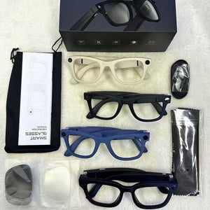 Smart camera glasses kit with black beige and blue frames a USB cable pouch and lenses