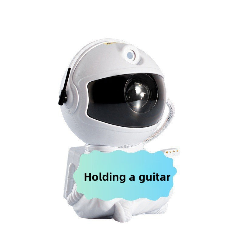 White astronaut projector in a holding a guitar pose with a gold accent