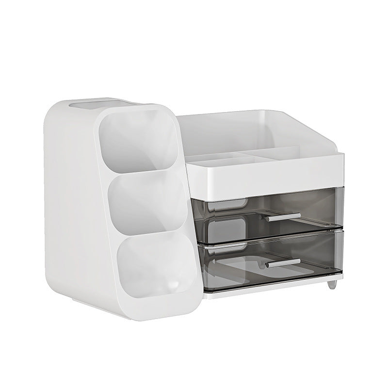 White cosmetic organizer on a white background with a three pocket brush tower and two smoked transparent drawers