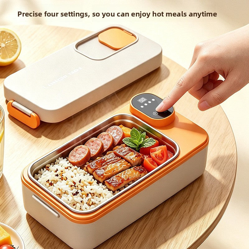 Cream and orange electric lunch box with a finger on the display button and rice and sausages in the steel liner