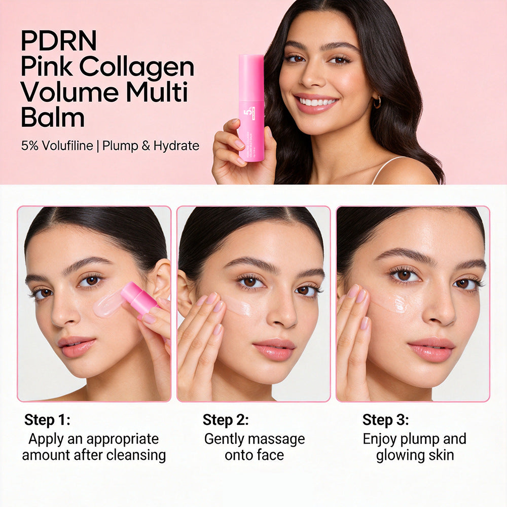 Pink collagen balm skincare product, showing the product information panel listing the ingredients