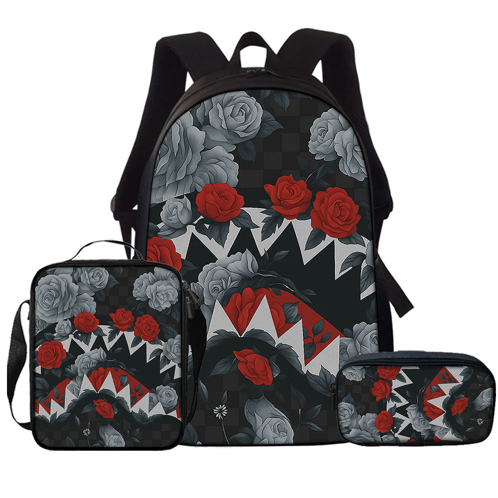 Grey and red rose print school backpack with shark teeth and a matching lunch bag and pencil case