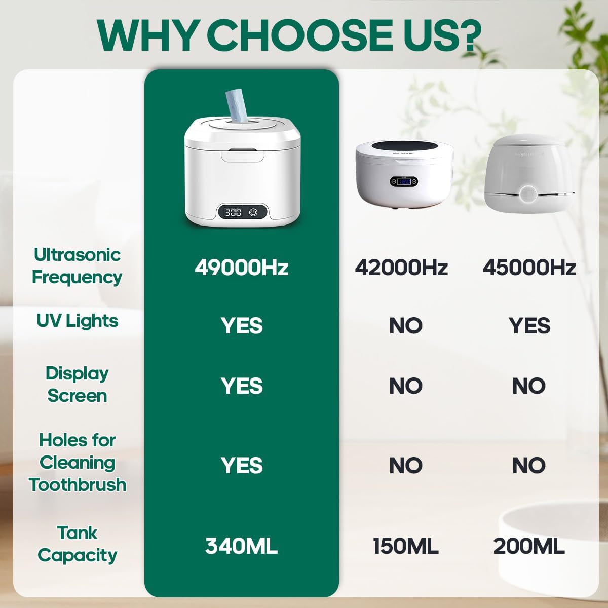 Comparison chart for the ultrasonic cleaner showing frequency, UV light, display and 340 ml tank capacity