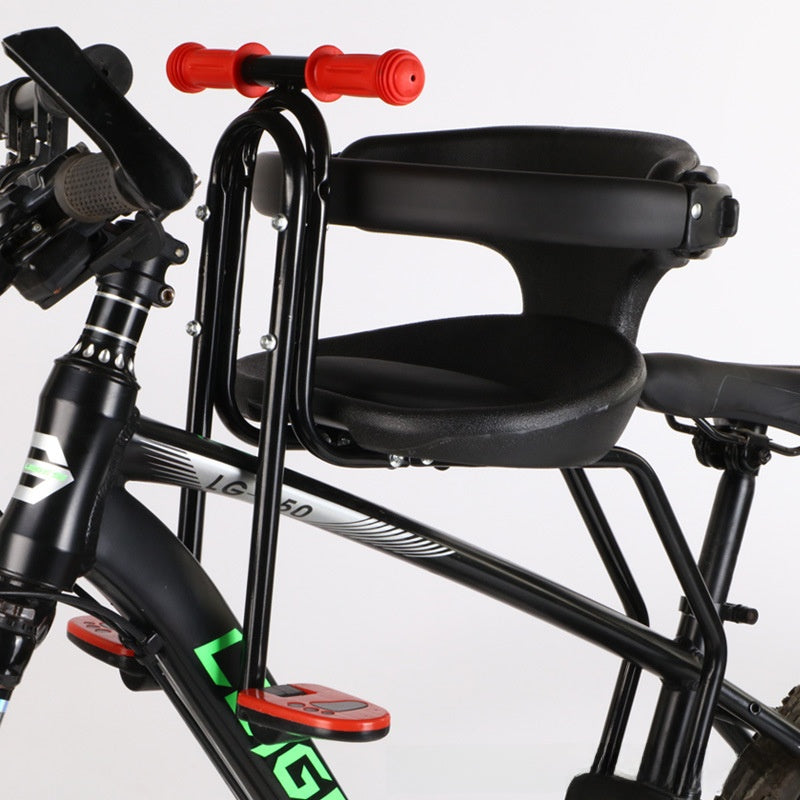 Front mount child bicycle seat viewed from the side mounted on a bicycle