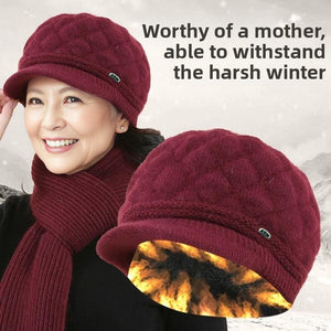 Smiling woman in a burgundy quilted knit hat and matching scarf next to a hat showing its fleece lining