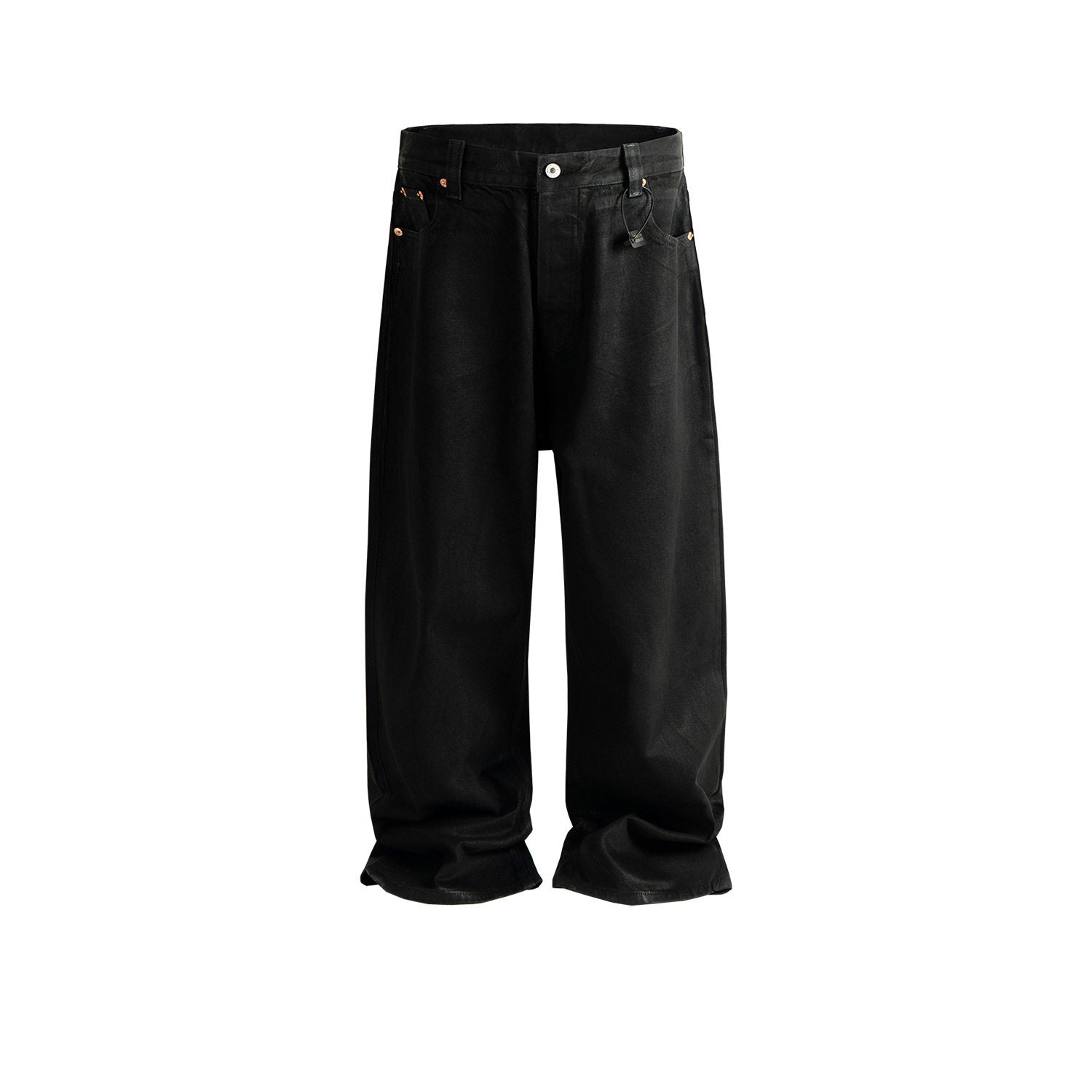 Flat lay of black waxed coated wide leg jeans, five pocket denim with rose gold rivets and button fly