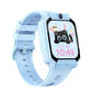 Blue kids smart phone watch at an angle showing the square touchscreen, cat watch face and light blue strap