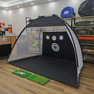Side profile of the golf net showing the bowed rod frame and deep mesh pocket