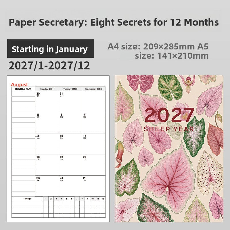 Taro Leaf Pink 2027 cover monthly planner notebook in A5