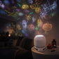 White projector light on a table throwing pumpkin, ghost and spider web patterns, Halloween plug-in model
