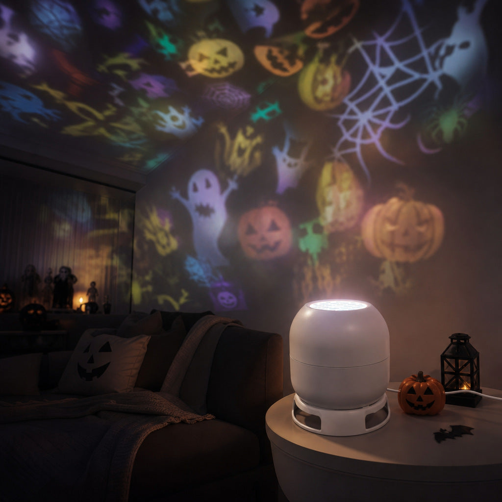 White projector light on a table throwing pumpkin, ghost and spider web patterns, Halloween plug-in model
