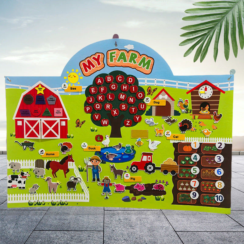 My Farm felt story board with felt barn, tree, tractor and number pieces in a lifestyle scene