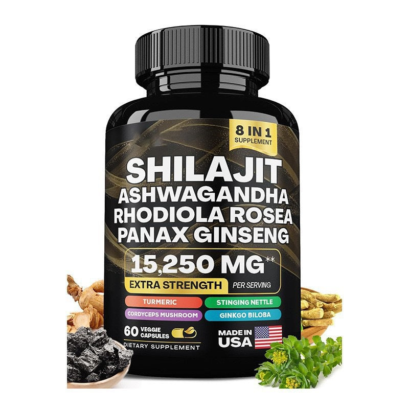 Sea moss and shilajit capsules bottle on a kitchen counter beside a glass of water