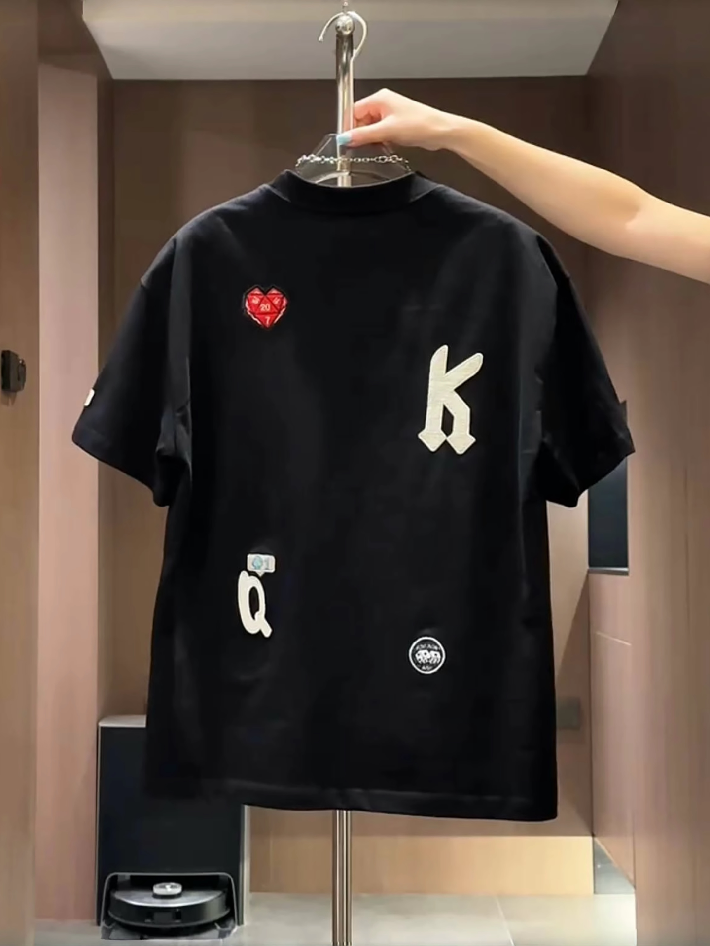 Men's loose fit embroidered patch T-shirt in white with a varsity A letter and sewn on patches