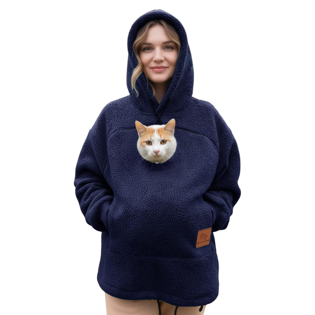 Navy blue lamb fleece hoodie with a cat looking out of the chest pouch, studio front view, size XL option