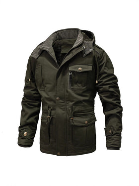 Mens Washed Cotton Hooded Field Jacket with Velvet Lining and Multiple Pockets