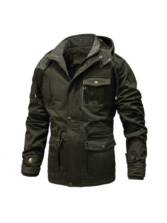 Mens Washed Cotton Hooded Field Jacket with Velvet Lining and Multiple Pockets