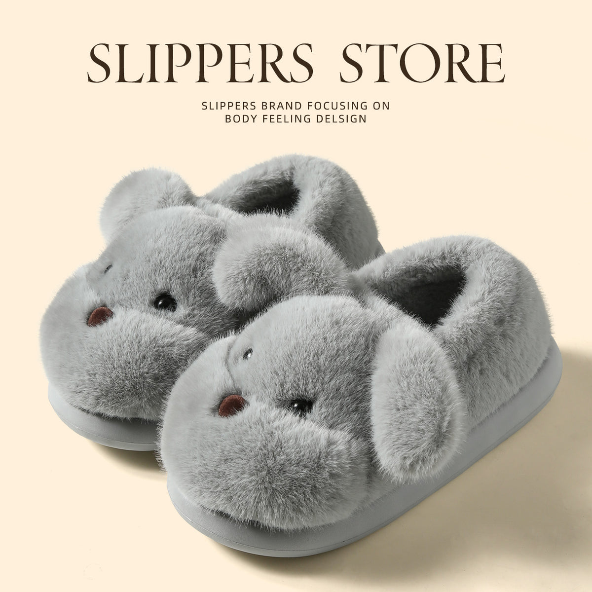 Fuzzy puppy design house slippers with faux fur upper and non slip EVA sole, cozy indoor scuff style