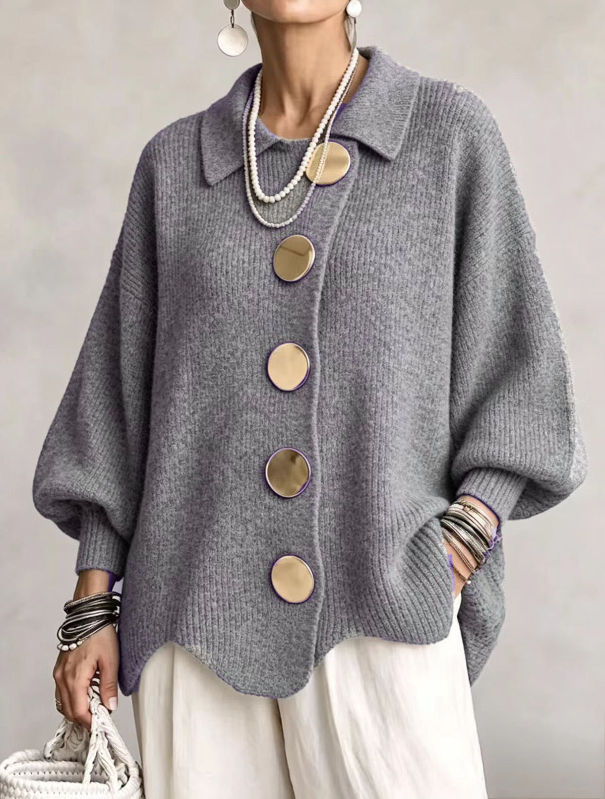 Gray ribbed knit top with a collar and gold tone metal buttons, Gray option, size XL