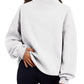 White oversized mock neck sweatshirt with ribbed cuffs and hem, worn with black leggings, photo for size L