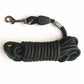 Coiled round nylon pet training leash showing the metal swivel clip and rope texture
