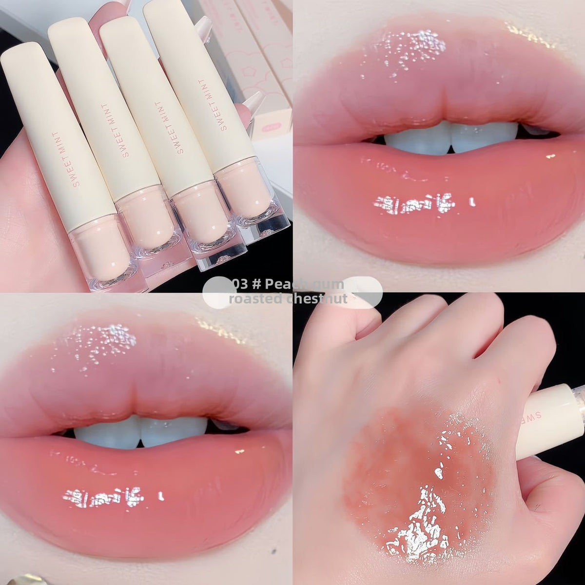 Close up of dewy glossy lips wearing the mirror shine lip glaze in a rosy nude tone
