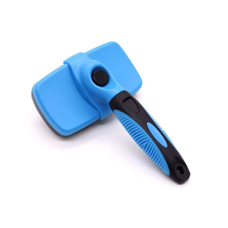 Blue self cleaning pet slicker brush at an angle with its soft grip non slip handle