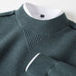 Sage Green men's textured knit half turtleneck long sleeve top, collar and chest insert close-up, size M