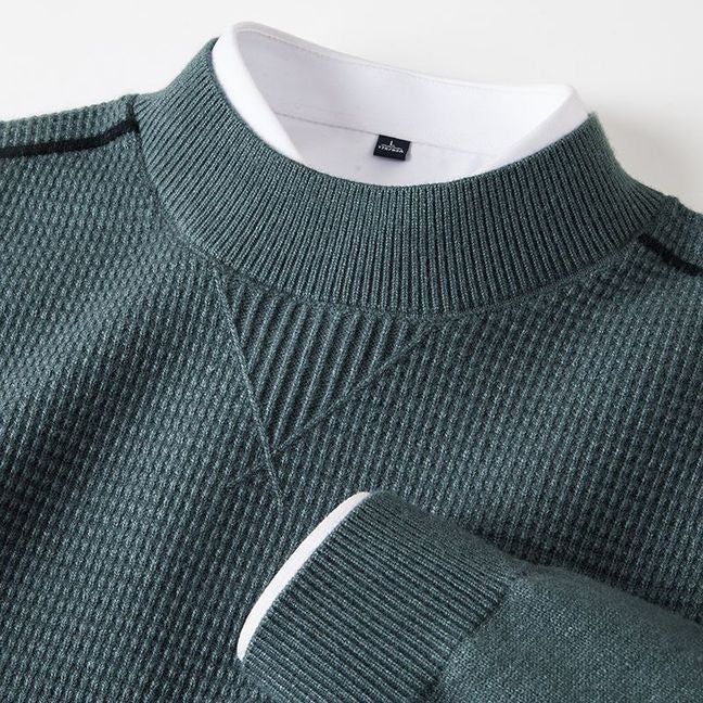 Sage Green men's textured knit half turtleneck long sleeve top, collar and chest insert close-up, size M