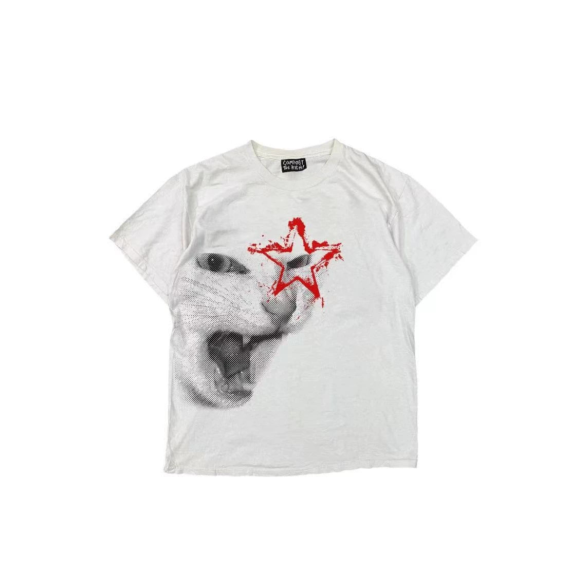 White oversize cat print tee with a red star on a white background, image of the size S option
