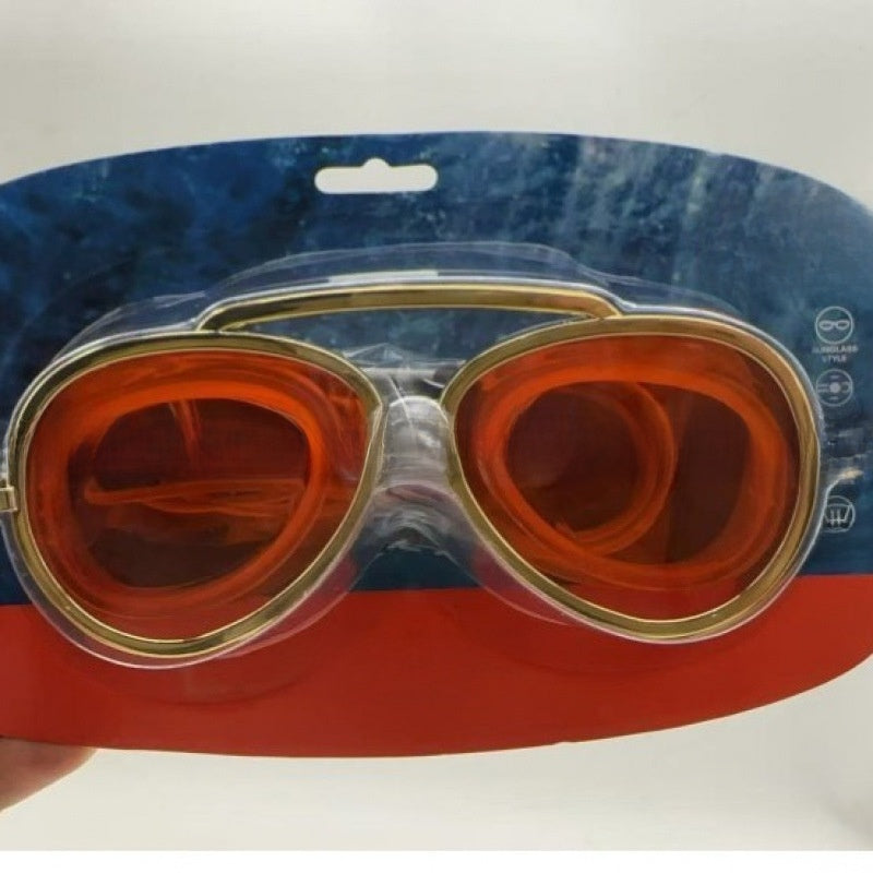 Red mirror lens aviator style swim goggles sealed in a blue and red blister pack