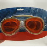 Red mirror lens aviator style swim goggles sealed in a blue and red blister pack