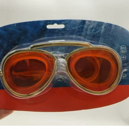 Red mirror lens aviator style swim goggles sealed in a blue and red blister pack