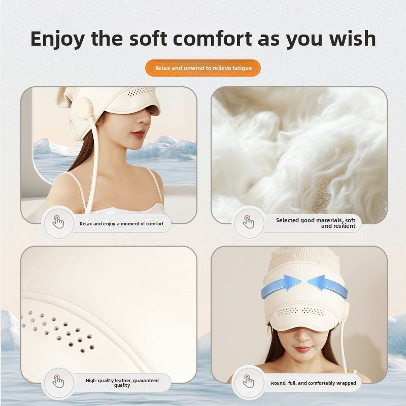 Cream head and eye massager worn over the eyes showing the ribbed knit crown and vented eye panel