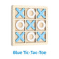 Blue set wooden tic tac toe board game, pale blue crosses and white rings in a natural wood grid