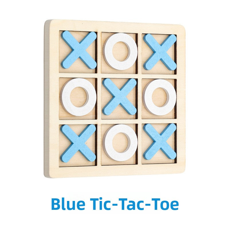 Blue set wooden tic tac toe board game, pale blue crosses and white rings in a natural wood grid